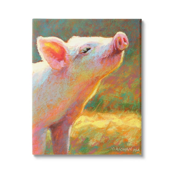 Happy Pink Pig Sunny Farm Animals & Insects Painting Gallery Wrapped Canvas Print Wall Art