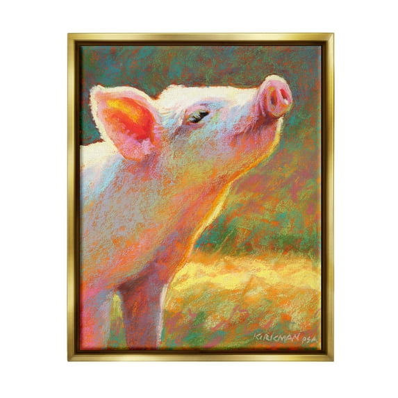 Happy Pink Pig Sunny Farm Animals & Insects Painting Metallic Gold Framed Art Print Wall Art