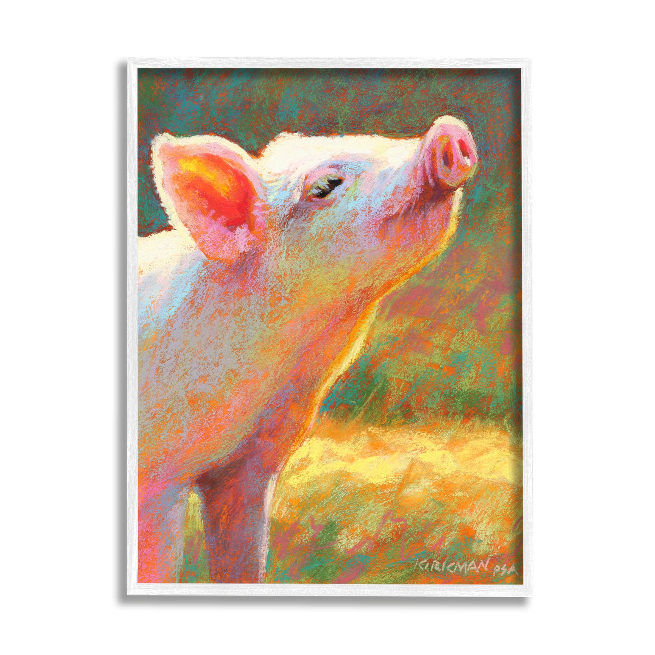 Happy Pink Pig Sunny Farm Animals & Insects Painting White Framed Art Print Wall Art