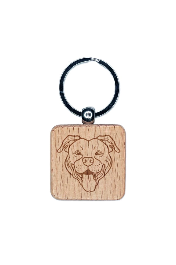 Happy Pit Bull Face Square Keychain Charm Tag - Engraved Wood