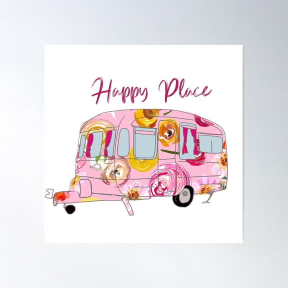 Happy Place Floral Caravan Poster Wall Art, Modern Wall Decor For Living Room Bedroom, 30x30 UNFRAMED