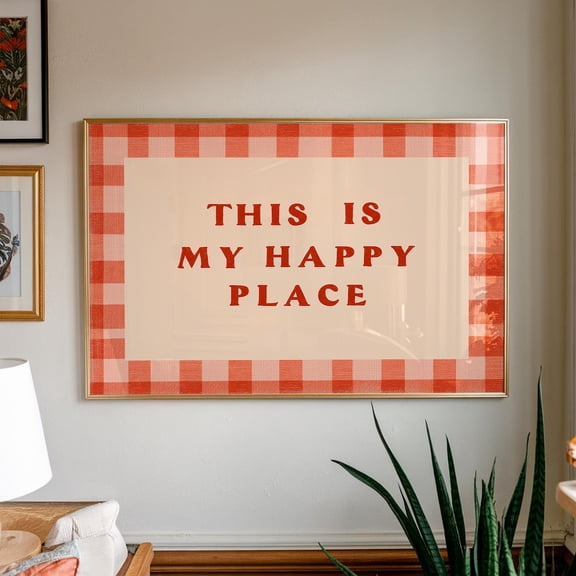 Happy Place Gingham Quote Cozy Bedroom Poster Unframed Paper Print