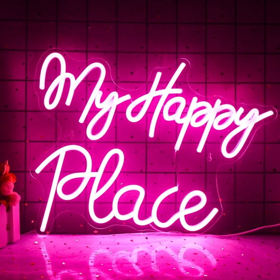 Our Happy Place LED Neon Sign for Wall Decor, USB Power Led Neon Lights for Bedroom, Birthday Wedding Party Decoration Neon Sign for Selfie Point - 13.7x10.6 Inch - Pink
