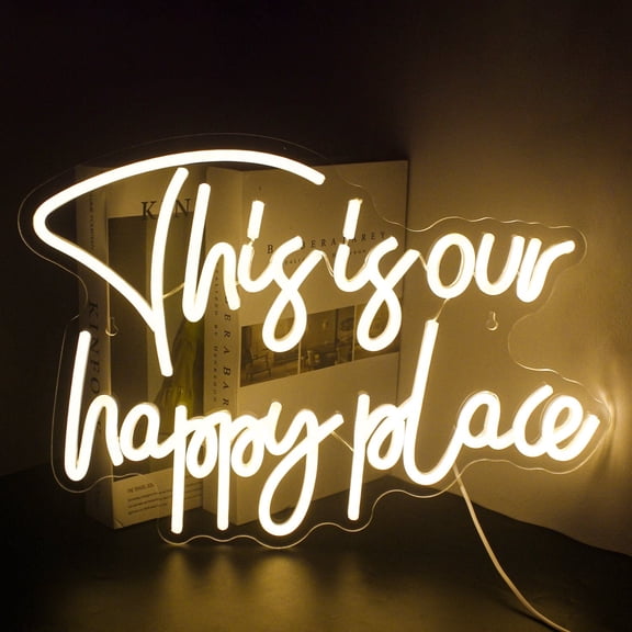 Our Happy Place LED Neon Sign for Wall Decor, USB Power Led Neon Lights for Bedroom, Birthday Wedding Party Decoration Neon Sign for Selfie Point - 13.7x10.6 Inch - Warm White