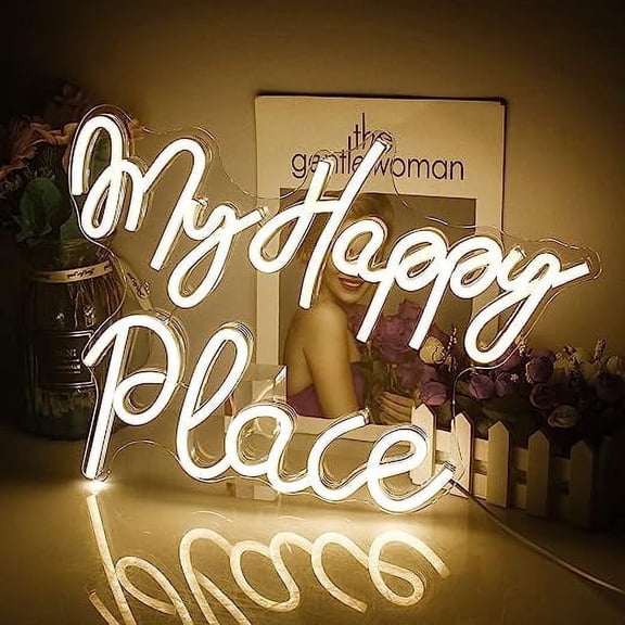 My Happy Place LED Neon Sign for Wall Decor, USB Power Led Neon Lights for Bedroom, Birthday Wedding Party Decoration Neon Sign for Selfie Point - 16.7x13.6 Inch - Warm White