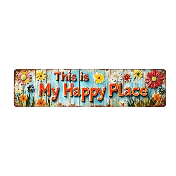 This Is My Happy Place Metal Wall Sign – Rustic Aluminum Tin Sign with Floral Pattern Art, Weatherproof Decor for Home, Cafe, Garden, Patio, Farmhouse
