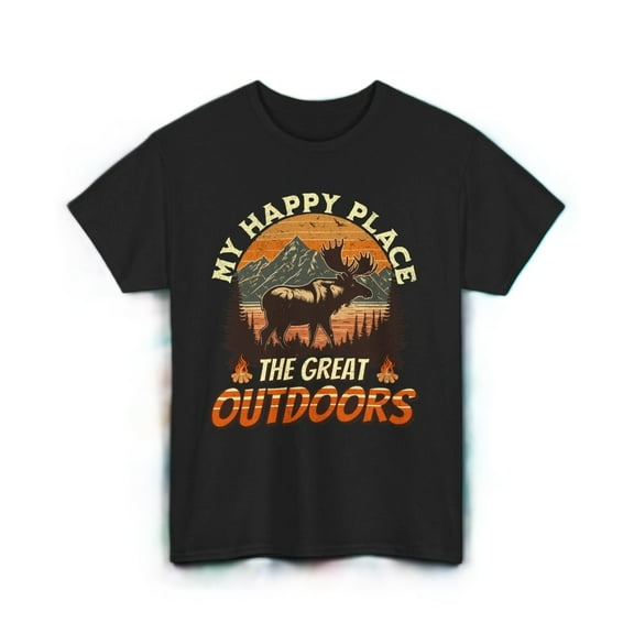 Happy Place Outdoors Shirt Moose Camping Nature Mountain Adventure Tee S-4XL
