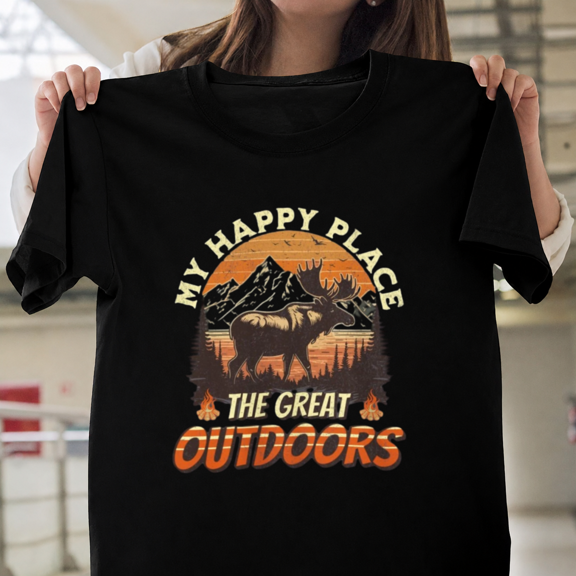 Happy Place Outdoors Shirt Moose Camping Nature Mountain Adventure Unisex T-ShirtPlus Size S–5XL Available