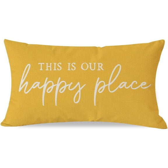This is Our Happy Place Pillow Covers 12x20 Inch Yellow Modern Farmhouse Outdoor Summer Decorations Lumbar Decorative Throw Pillows Cases for Living Room Bedroom Porch Couch Sofa Decor