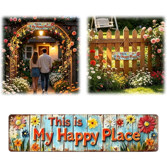 My Happy Place Sign Vintage Tinplate Decor, 4x16in Metal Plaque This Is My Happy Place for Bar, Patio Doorway and Home Interior Wall Art Display(Language not included)