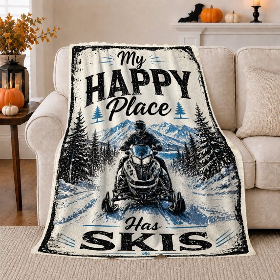 My Happy Place Has Skis Snowmobile Rider Text, Playful Rustic Scene, Warm Flannel Blanket for Cabin and Lodge with Detailed Artwork, Art Lovers Housewarming Gift, Rustic Home Decor