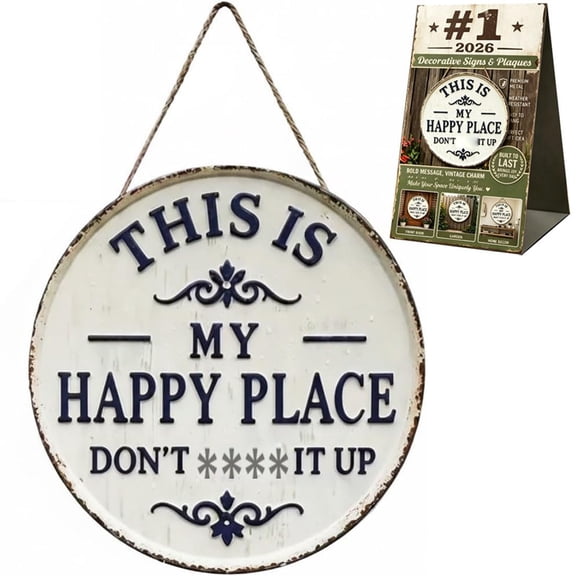 Happy Place – Vintage Statement Metal Sign Round Rustic Wall Decor Funny Garden Sign “This Is My Happy Place Please Respect The Vibe” Metal Hanging Plaque for Front Door Home Office Kitchen