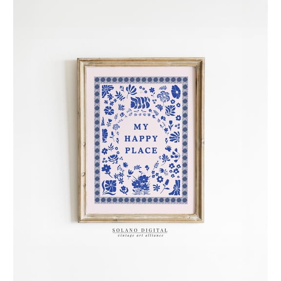 My Happy Place Wall Art, Cozy Home Decor, Typography Wall Art Trendy Decor for Minimalist Living Room & Cottage Kitchen blue pink botanical, Unframed Canvas 8x10in