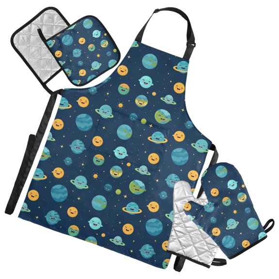 Happy Planet 5 Pcs Kitchen Set Heat Resistant Oven Mitts and Non-Slip Pot Holders with Adjustable Cooking Apron
