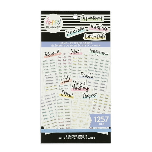 Happy Planner 30 Sheet Value Sticker Pack, Hand Lettered Basics Theme, 1257 Stickers Total