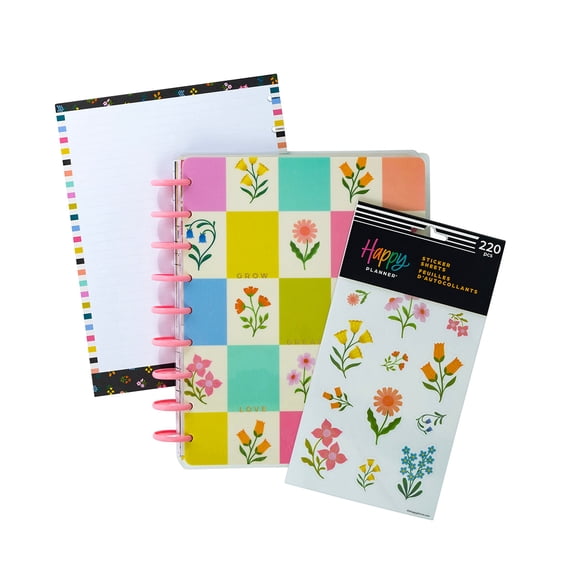 The Happy Planner Planning 101 Classic Undated Planner Starter Bundle Classic Size 7 9.25 Horizontal Layout, Undated Planner + 20 Sheets Filler Paper + 10 Sheets Blooming Stickers