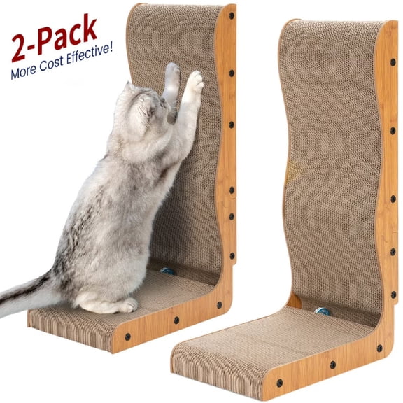 Happy & Polly 2-Pack Cat Scratch Pad, L-Shape Cardboard Scratcher with Ball, Durable Vertical Scratching Board for Indoor Cats