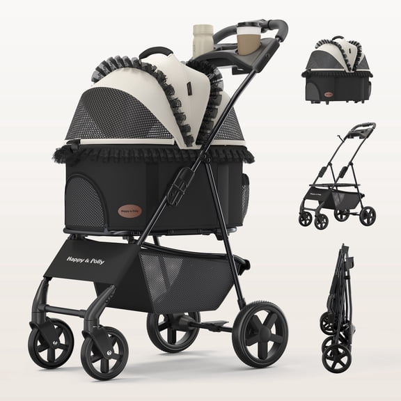 Happy & Polly 3-in-1 Pet Stroller for Cats & Small Dogs, Detachable Cat Carrier with Wheels, Foldable Dog Stroller for Puppies, Compact Travel