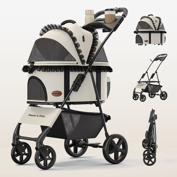 Happy & Polly 3-in-1 Pet Stroller for Cats & Small Dogs, Detachable Cat Carrier with Wheels, Foldable Dog Stroller for Puppies, Compact Travel