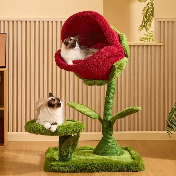 Happy & Polly 41.7" Carnivorous Flower Cat Tree Tower for Indoor Cats, Small Cat Tree for Large Cats up to 30lbs with Scratching Post