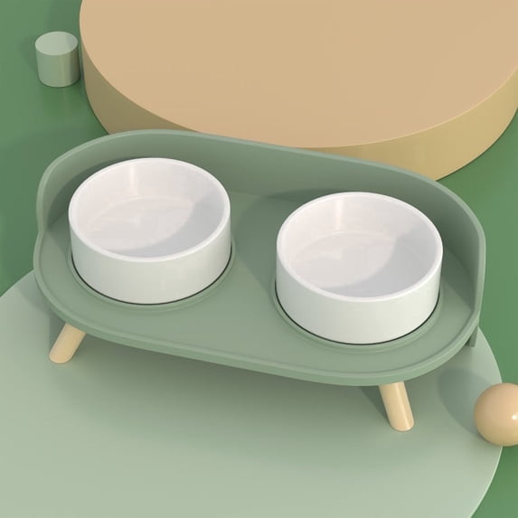 Happy & Polly Bone China Elevated Double Bowl Set, Green