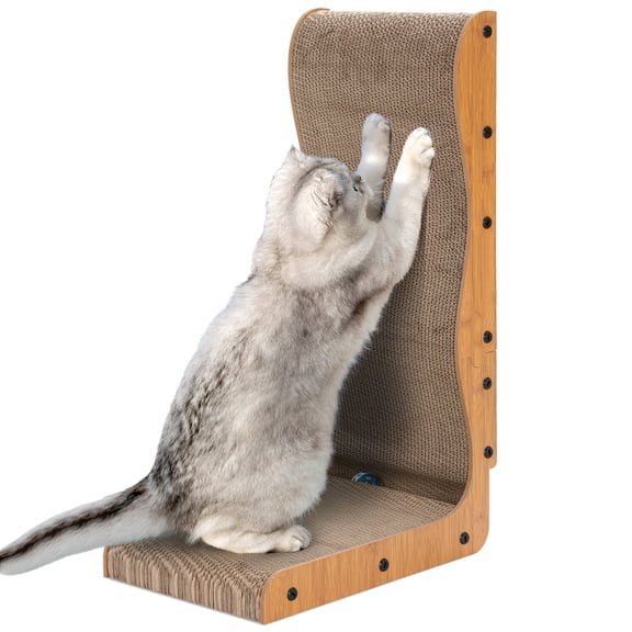 Happy & Polly Cat Scratch Pad, L-Shape Cardboard Scratcher with Ball, Durable Vertical Scratching Board