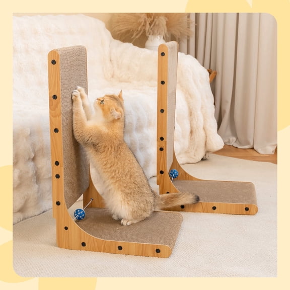 Happy & Polly Cat Scratcher Cardboard with Bouncy Ball, 2-Pack L-Shaped Cardboard Scratcher for Indoor Cats