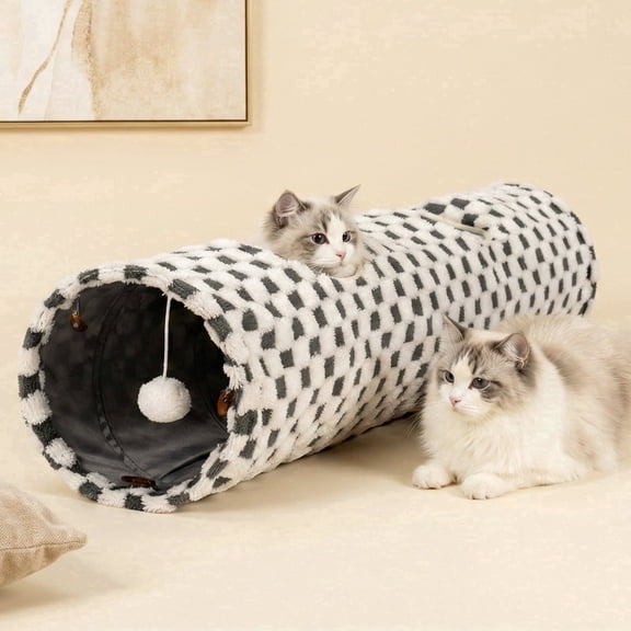 Happy & Polly Cozy Convertible Cat Tunnel Toy, Collapsible Grey and White Plaid Pet Play Tube for Indoor Cats