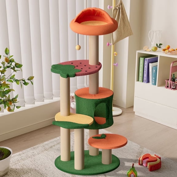 Happy & Polly 48.4-inch Fruit World Plush Cat Tree, Sisal Material, Suitable for All Kittens, 4-Tier with Cat Bed