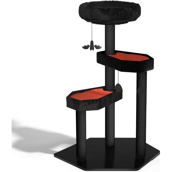 Happy & Polly Gothic Cat Tree with Coffin Bed - 40.9"Black Cat Tower with Soft Mats, Natural Sisal Scratching Posts, Bat Hanging Ball, Multi-Level Platform Cat Activity Center for Large Cats Halloween