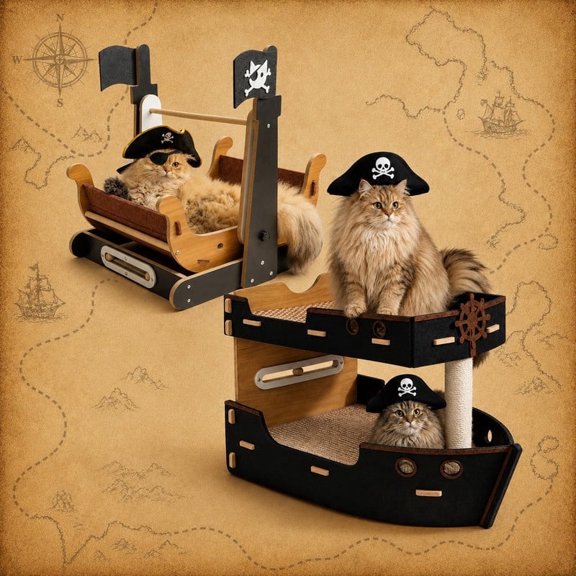 Happy & Polly Pirate Ship Cat Bed Double Deck & Rocking Hull 2 Set