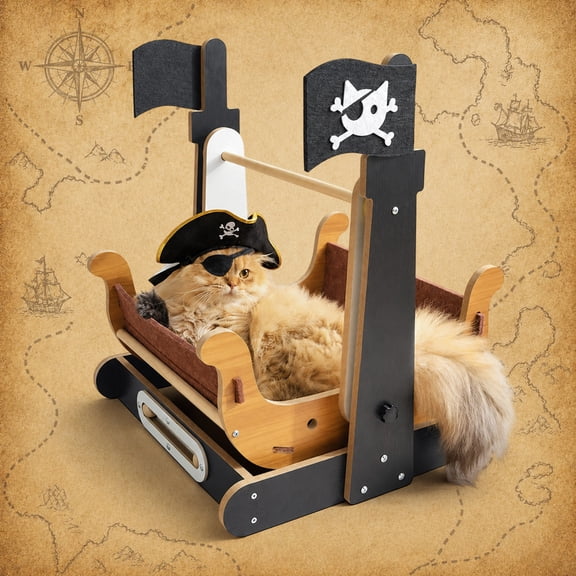 Happy & Polly Pirate Ship Rocking Hull Orthopedic Elevated Cat Bed Bedding 22"