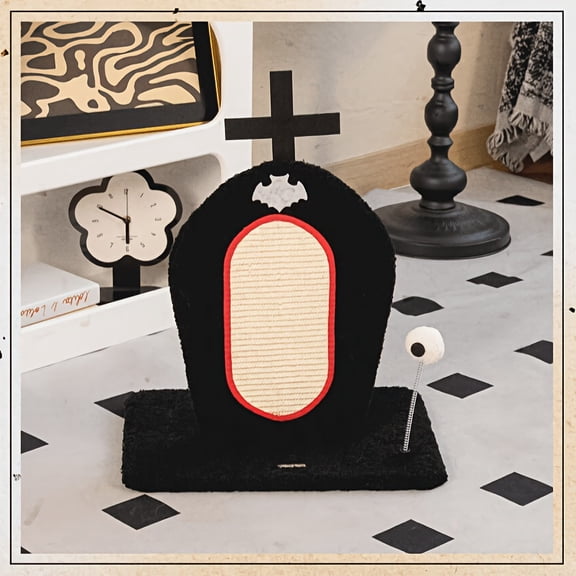 Happy & Polly Tombstone Design 16-in Plush Upright Cat Scratching Post with Cross Accent