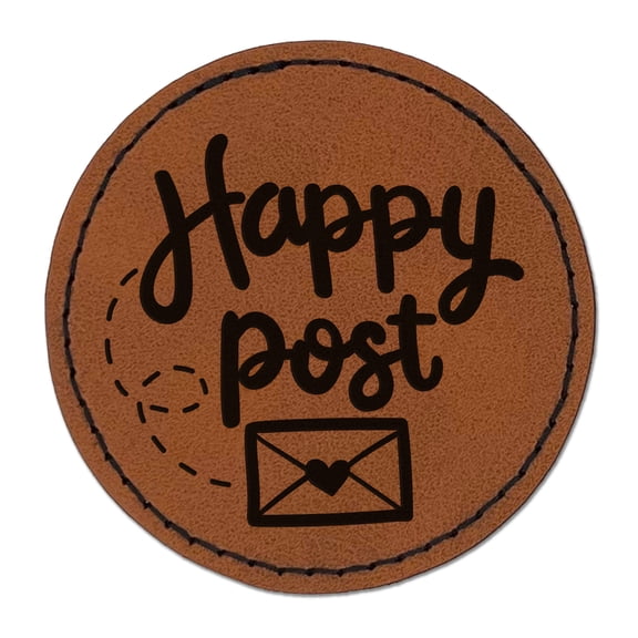 Happy Post Mail Envelope with Heart 2.5" Faux Leather Round Engraved Iron-On Patch - Brown