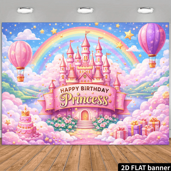 Happy Princess Birthday Backdrop Dreamy Pink Floral Cloud Castle Birthday Background for Girls Pink Hot Air Balloons Golden Star Birthday Party Decorations Banner Photo Booth Props
