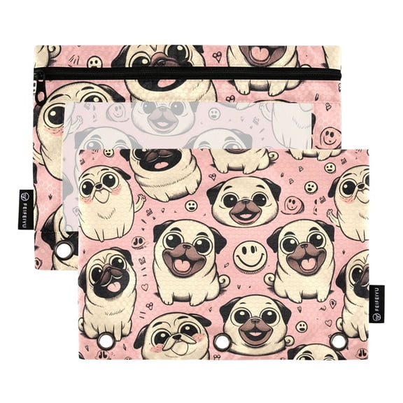 Happy Pug Dog 2 Pack Pencil Pouch for 3 Ring Binder Smooth Zipper Folders with Pockets Clear Window Pencil Case