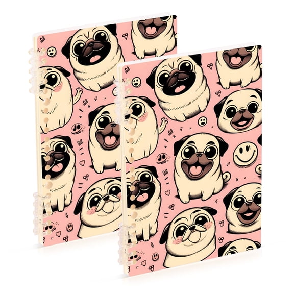 Happy Pug Dog 2 Pcs Spiral Notebooks 60 Sheets 120 Pages A5 Journal Notepad 8.3x5.7 Inch Thick Adjustable College Ruled Paper