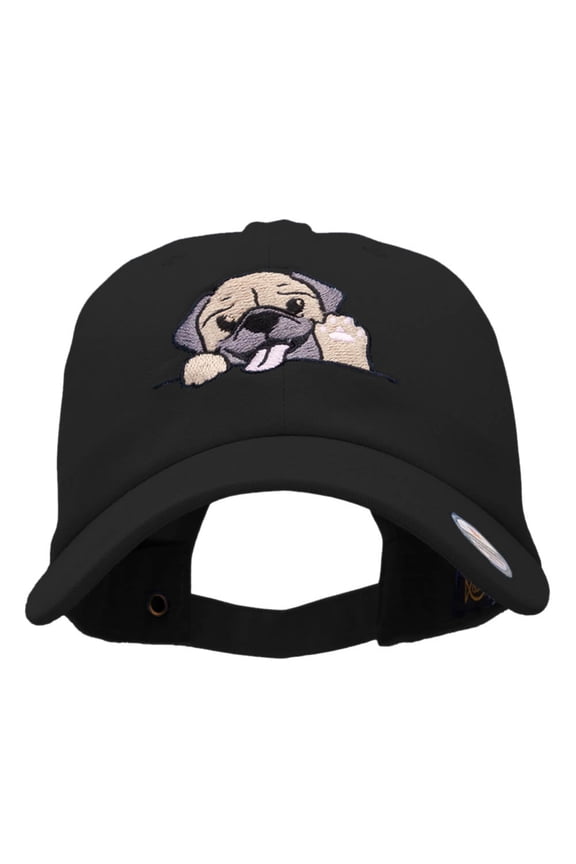 Happy Pug Head Embroidered Cotton Twill Cap - Black OSFM