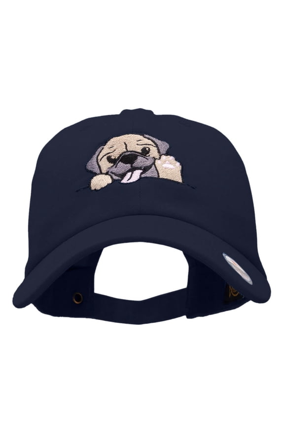 Happy Pug Head Embroidered Cotton Twill Cap - Navy OSFM