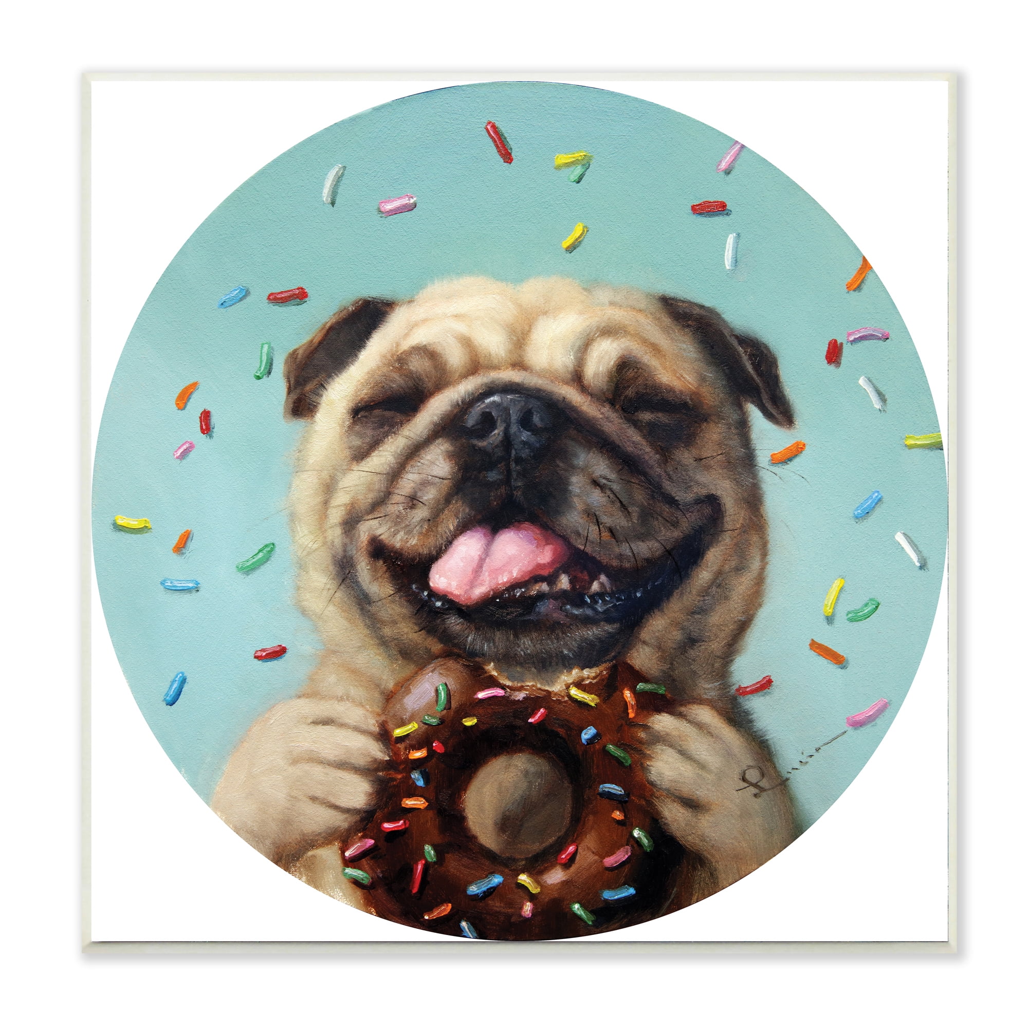 Stupell Industries Happy Pug With Sprinkle Donut Pet Dog,12 x 12,Designed by Lucia Heffernan