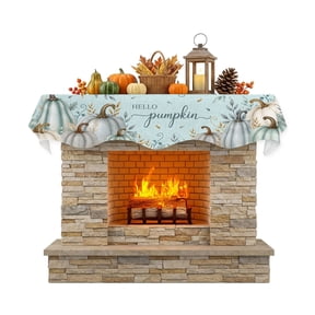 Happy Pumpkin Fireplace Mantel Scarf 70 x 17 Inch, Thanksgiving Fall Teal Grey White Pumpkin Bird Leaf Mantel Scarves for Fireplace Decoration for Thanksgiving Party Supplies