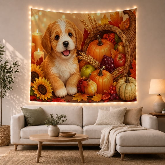 Happy Puppy with Cornucopia Pumpkins and Candles, Cheerful Rustic Style for Dog Lovers, Harvest Wall Art, Housewarming Gift, Tapestry Wall Hanging for Bedroom and Living Room