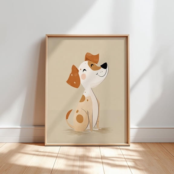 Happy Puppy Nursery Poster: Smiling Dog, Beige Background, Unframed Poster Size 8x12