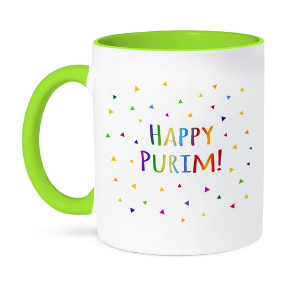 Happy Purim - Fun Colorful Rainbow Text - Jewish Holiday Gift, 11oz Two-Tone Green Mug