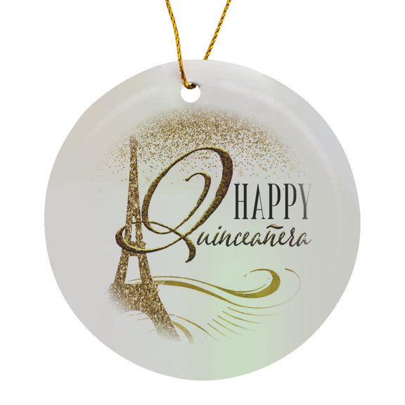 3drose, Happy Quinceanera with an Image of Gold Eiffel Tower, Circle Porcelain Ornament