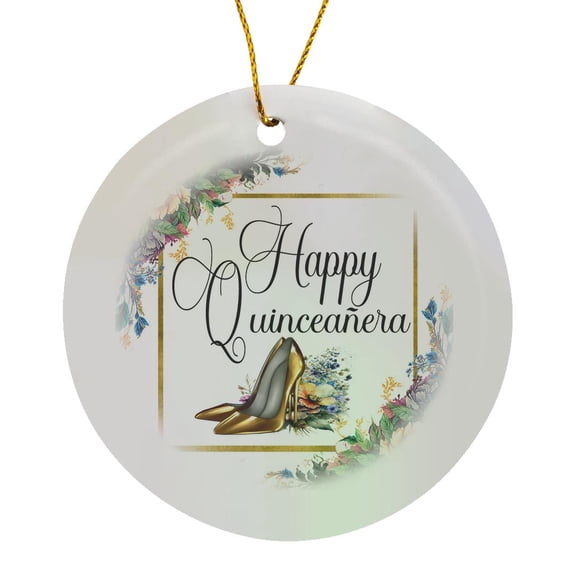3drose, Happy Quinceanera with an Image of Gold High Heels and Flowers, Circle Porcelain Ornament
