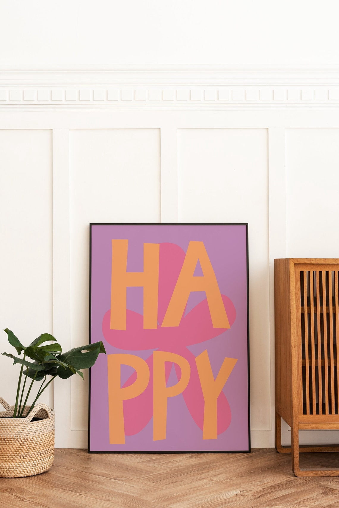 Happy Quote Poster Minimal Purple Typography Art Poster, Stretched Size ...