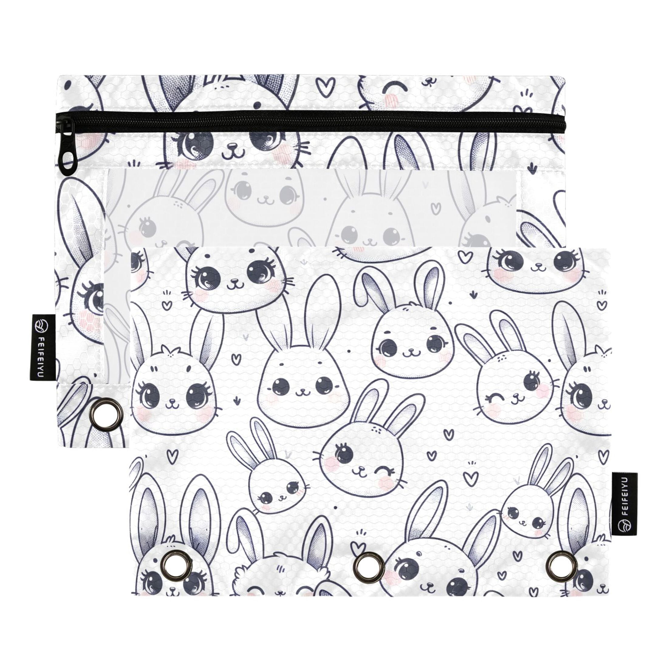 Happy Rabbit Face 2 Pack Pencil Pouch for 3 Ring Binder Smooth Zipper ...