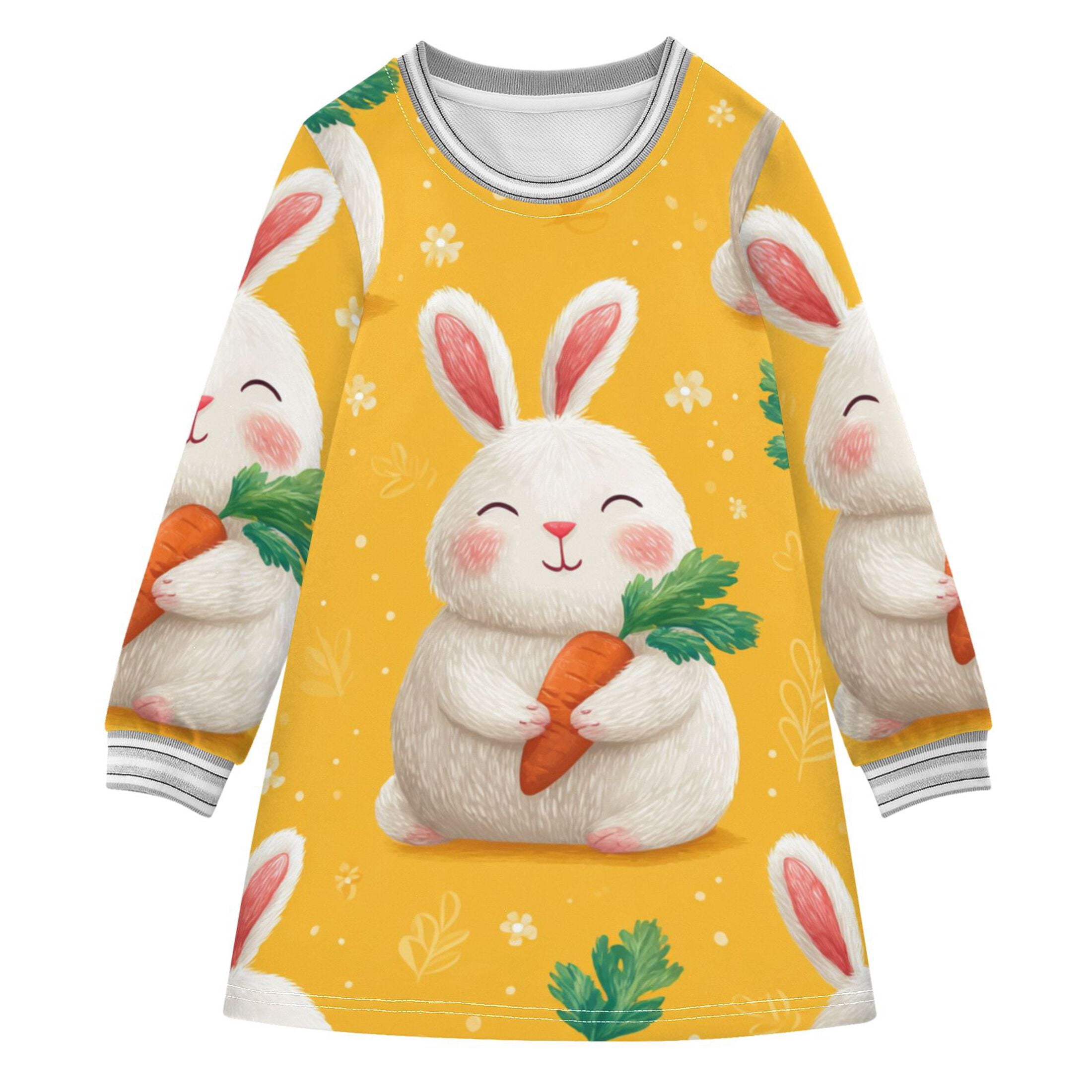 Happy Rabbits Holding Carrots Long-sleeved Dress A-line One-Piece Dress ...