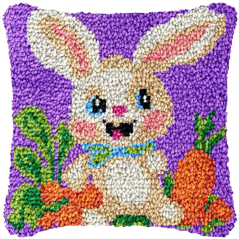 Happy Rabit Carrots Latch Hook Pillow Cover Kits for DIY Handmade Throw Pillow Cross Stitch Latch Hook Pillowcase Rug Kits with Preprinted Color Pattern Canvas Crochet Yarn Kits 17''X 17''(ch116)